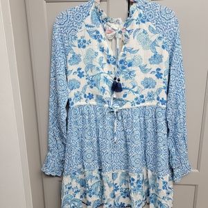 Revolve House Of Harlow 1960 Tiered Long Sleeves Floral Blue XS Mini Dre…